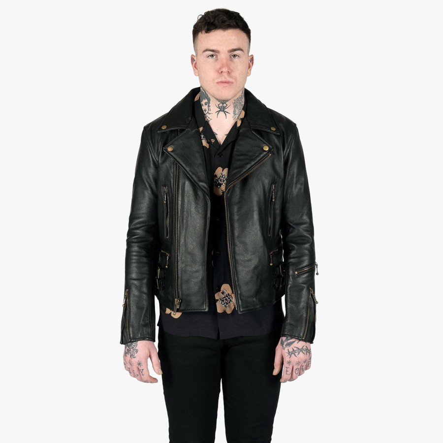 Men Straight To Hell Apparel Leather Jackets | Defector - Black And Brass Leather Jacket