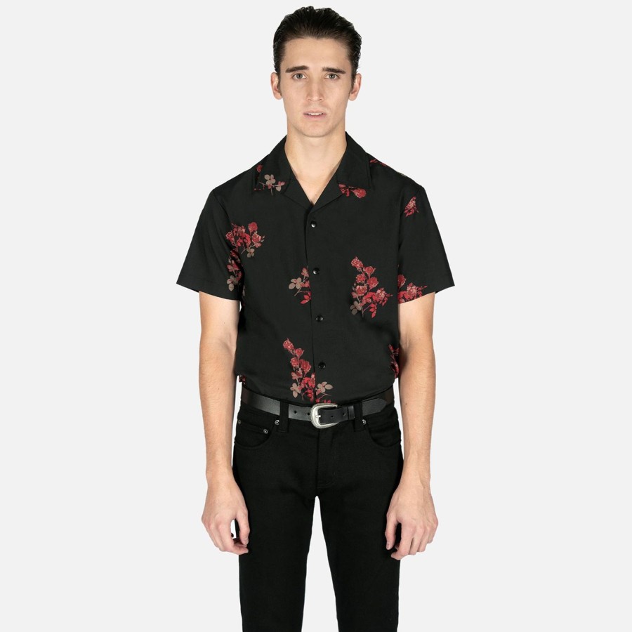 Men Straight To Hell Apparel Shirts | Band Of Roses - Black And Red Floral Print Shirt