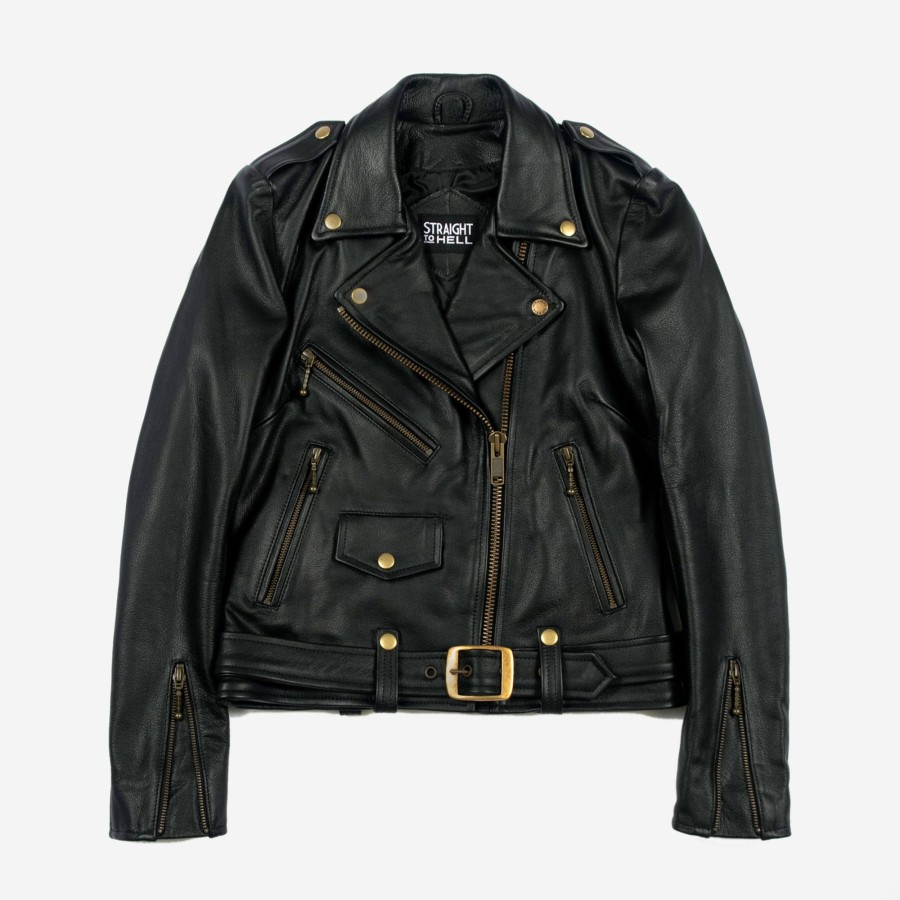 Women Straight To Hell Apparel Leather Jackets | Commando Lightweight - Black And Brass Leather Jacket (Size Xs, S, M, L, Xl, 2Xl, 3Xl, 4Xl, 5Xl)