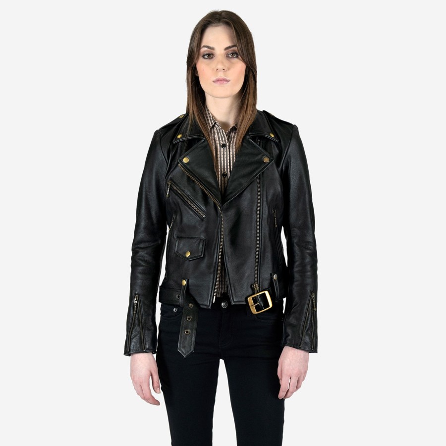 Women Straight To Hell Apparel Leather Jackets | Commando Lightweight - Black And Brass Leather Jacket (Size Xs, S, M, L, Xl, 2Xl, 3Xl, 4Xl, 5Xl)