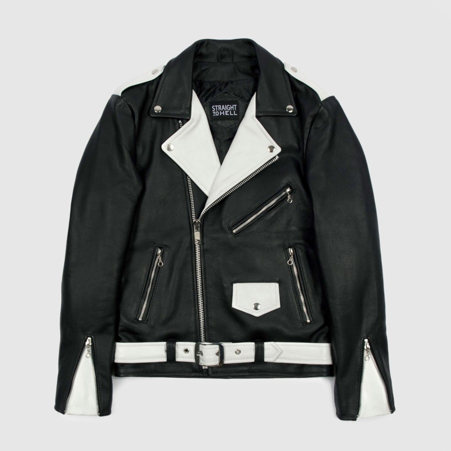 Men Straight To Hell Apparel Leather Jackets | Commando - Black And White (Size 34S, 34, 36S, 36, 38S, 38, 40, 46, 48, 50)