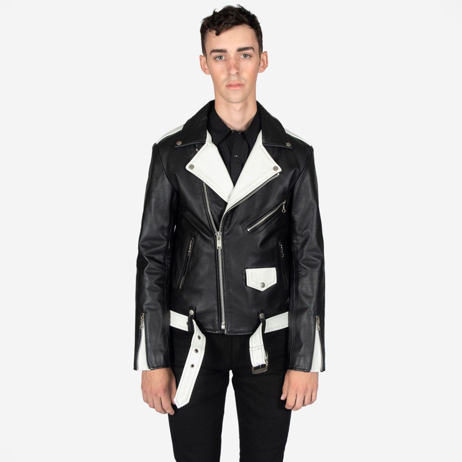 Men Straight To Hell Apparel Leather Jackets | Commando - Black And White (Size 34S, 34, 36S, 36, 38S, 38, 40, 46, 48, 50)