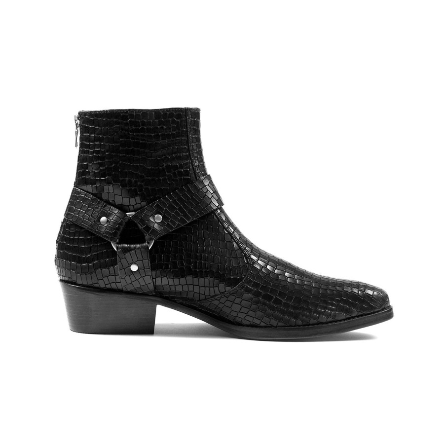 Men Straight To Hell Apparel Boots | Libertine - Black Snakeskin Leather Harness Boots