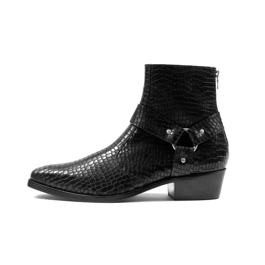 Men Straight To Hell Apparel Boots | Libertine - Black Snakeskin Leather Harness Boots