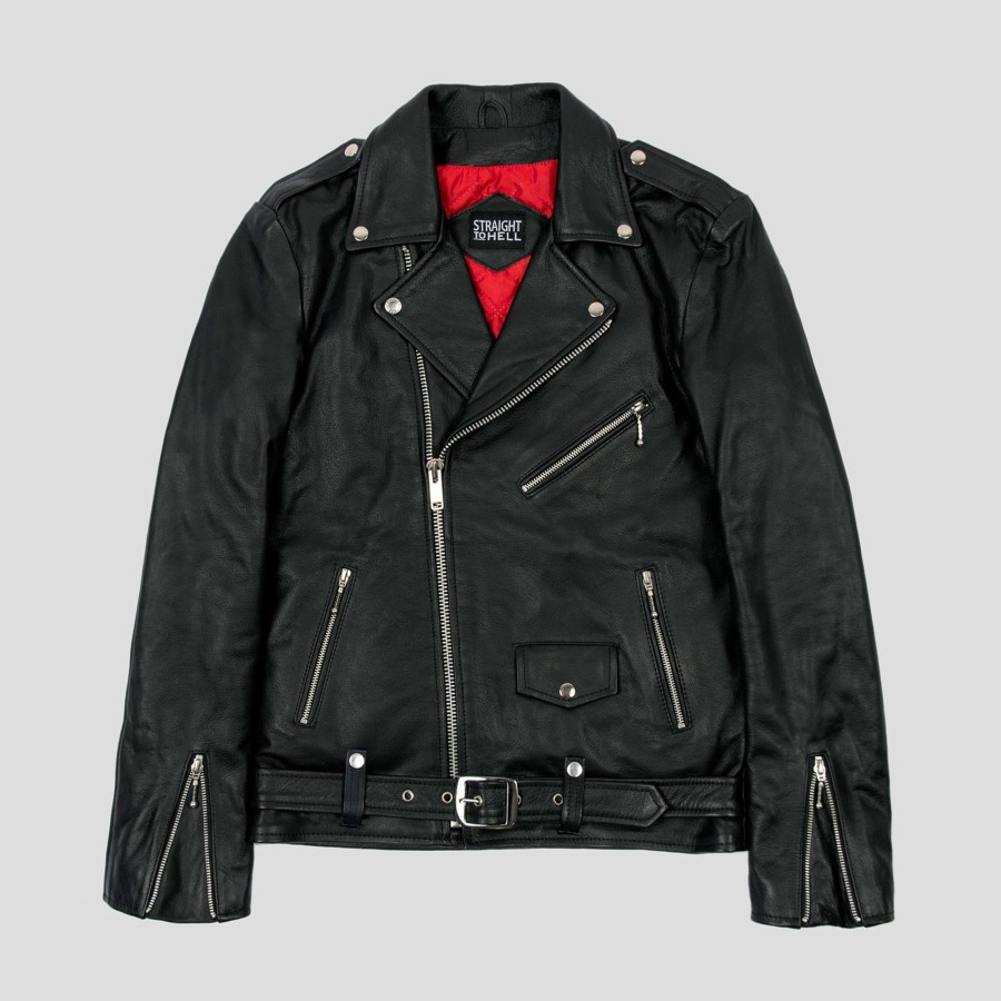 Men Straight To Hell Apparel Leather Jackets | Commando Long - For Tall Men - Black And Nickel Leather Jacket