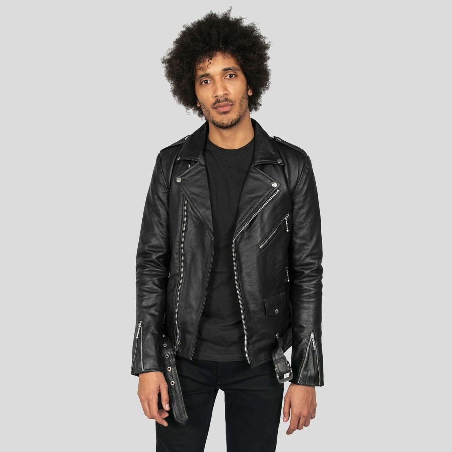 Men Straight To Hell Apparel Leather Jackets | Commando Long - For Tall Men - Black And Nickel Leather Jacket